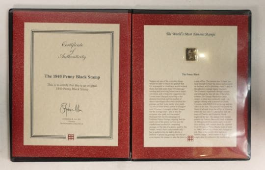 A framed Westminster collection 1840 Penny Black stamp with certificate of authenticity