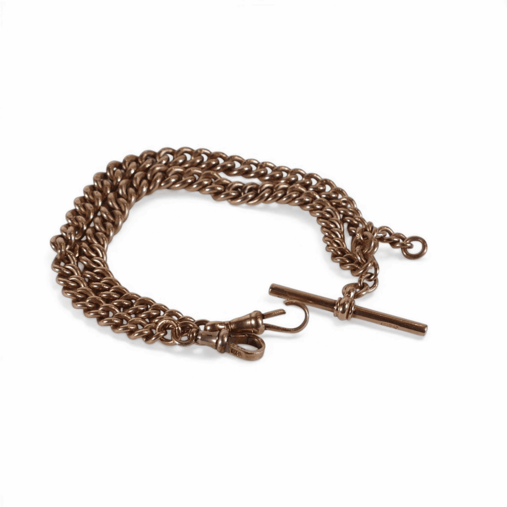 9ct gold watch chain double albert, 38cm clip to clip, 52.34g