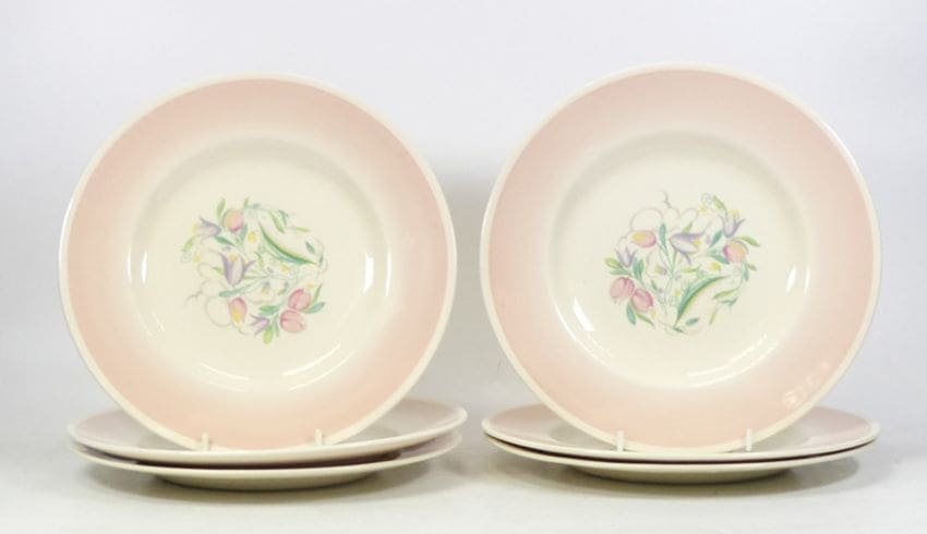 Lot-97-Susie-Cooper-for-Crown-Works-Burslem-Six-Pink-Dresden-Spray-Dinner-Plates Six Susie Cooper for Crown Works Burslem Pink Dresden Spray Dinner Plates
