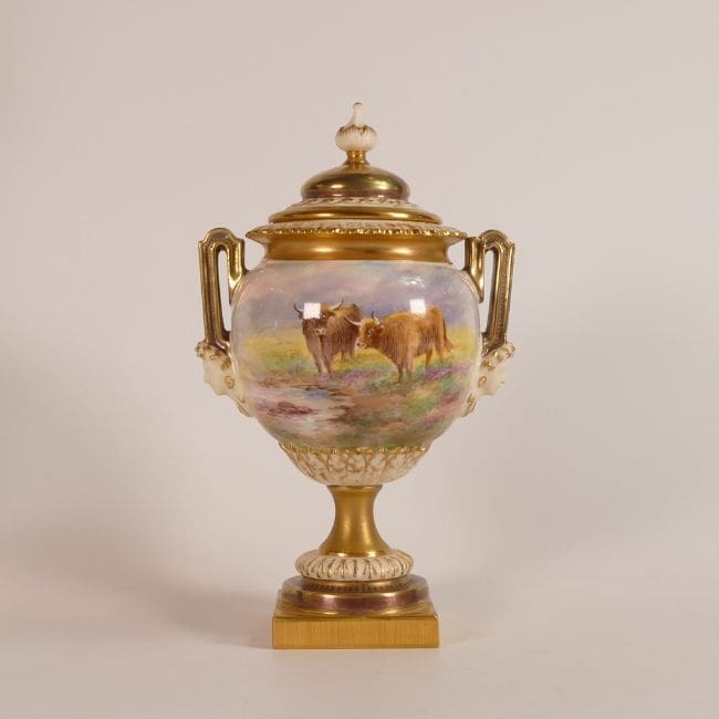 Lot-1286-Royal-Worcester-two-handled-vase-and-cover-hand painted-highland-cattle A two-handled Royal Worcester vase and cover, hand painted with highland cattle by E Townsend