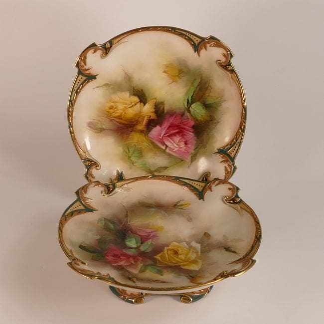 two Royal Worcester Hadleys Roses blush ivory comports