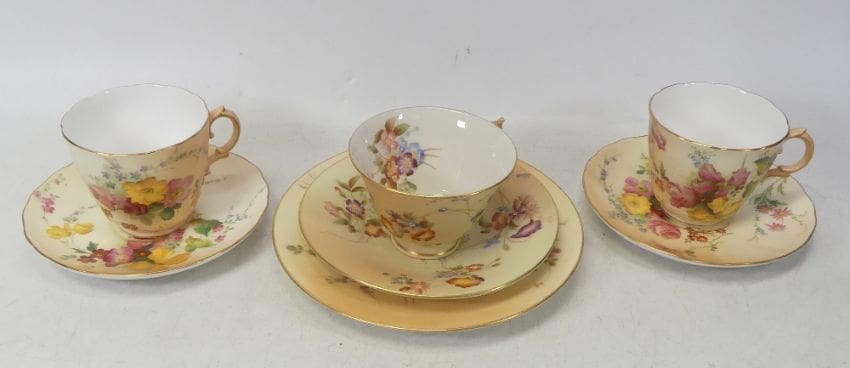 Lot-233-three-Royal-Worcester-Ivory-Blush-porcelain-cups-and-saucers set of three Royal Worcester Ivory Blush porcelain cups and saucers