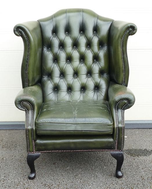 Lot-1491-Green-leather-Queen-Anne-Chesterfield-high-back-armchair A green leather Queen Anne Chesterfield high back armchair