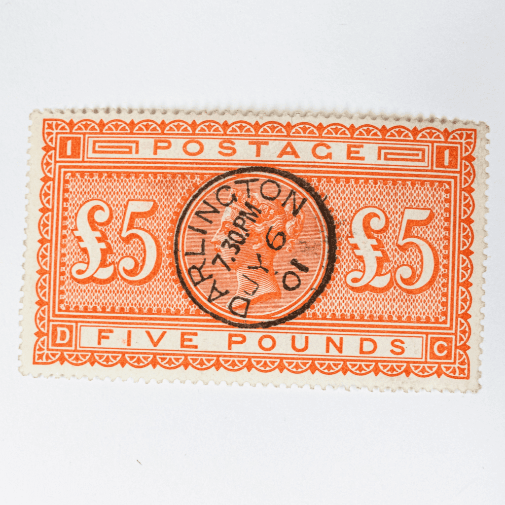 GB £5 five pounds orange stamp, SG137 used, Darlington CDS.  Purchased from a PTS dealer for £4000 in 2017. A most lovely bright example.  Complete with original purchase paperwork.