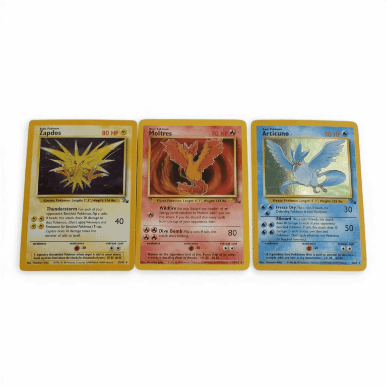 Vintage Pokémon trading cards featuring legendary bird trio Zapdos, Moltres and Articuno, from 1999 Fossil set, early expansion from Wizards of the Coast. Wear to cards, Articuno is scratched. (3)