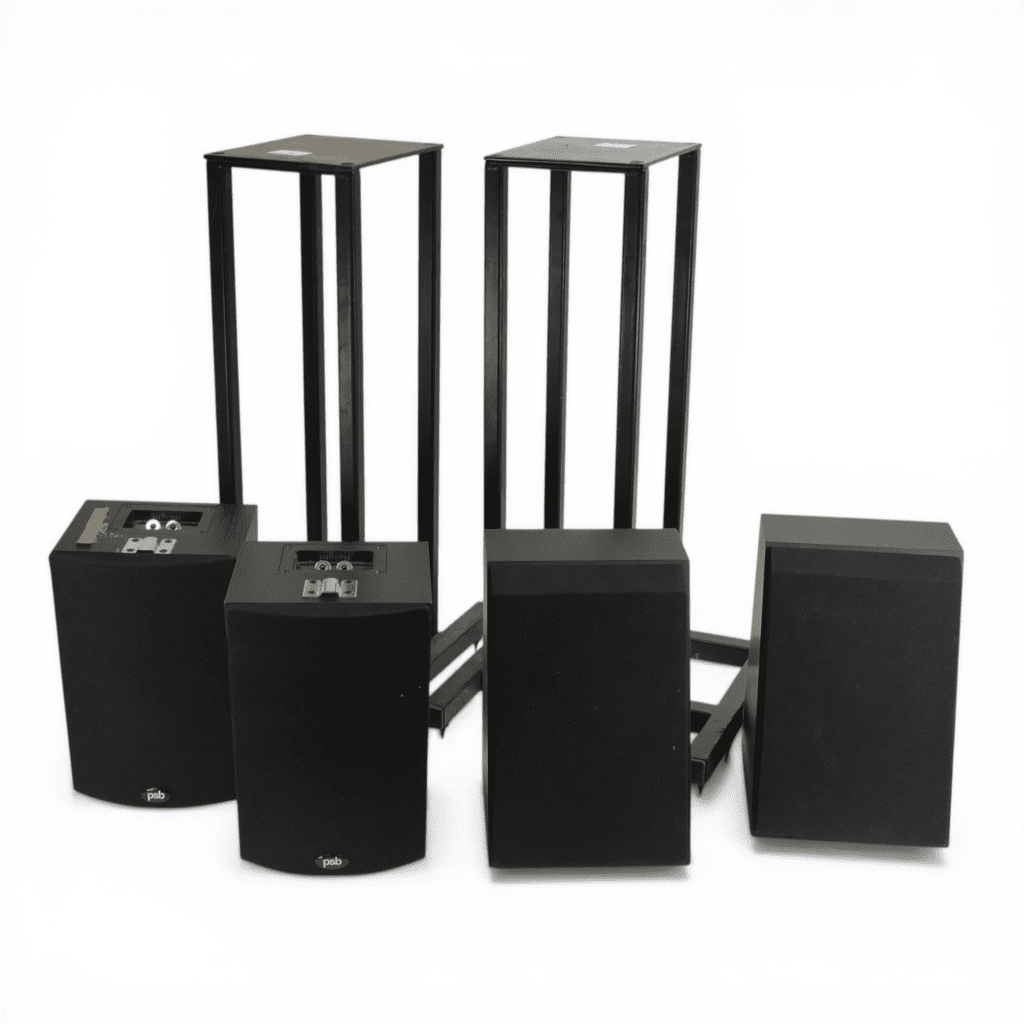 PSB imagine XA Dolby atmos speakers, together with KEF Q50a Dolby atmos speakers & metal hifi stands.
COURIER OR COLLECTION ONLY
