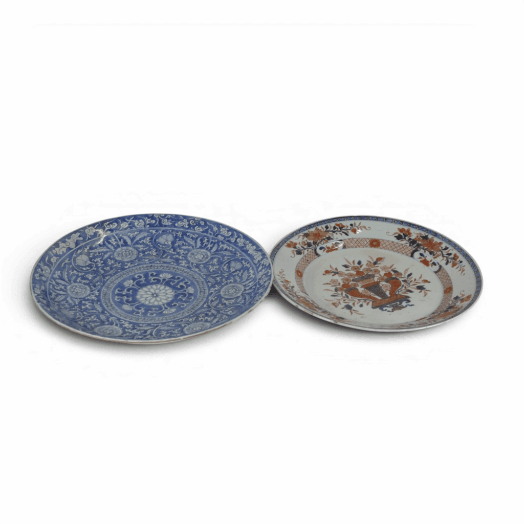 Two Oriental chargers, a blue and white example together with one in the Imari palette, diameter of largest 37cm (2).
